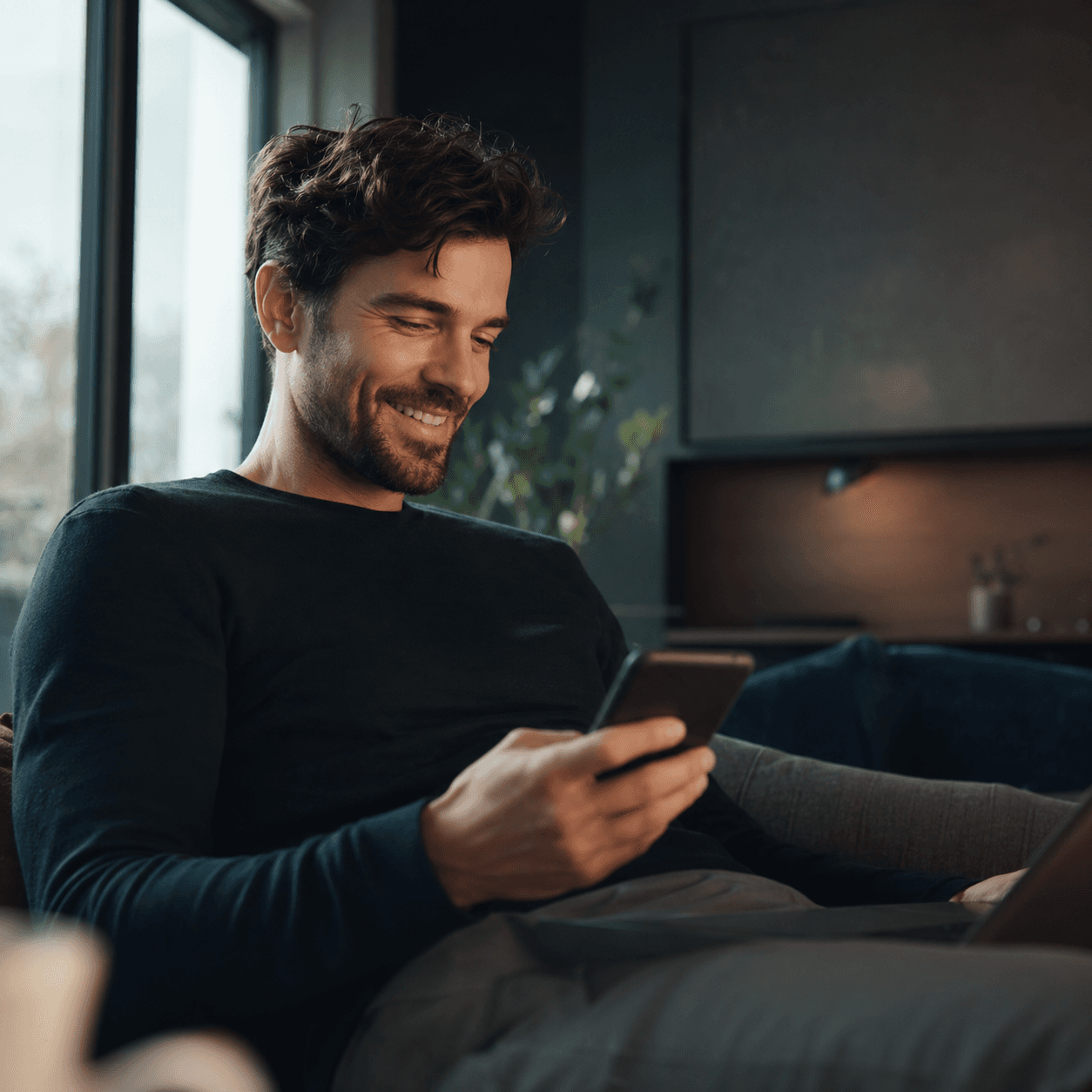 A person smiling while reviewing their life insights